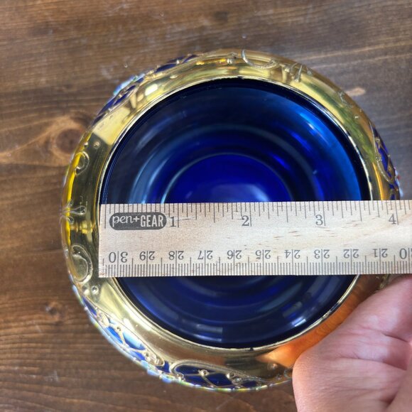 Vintage Cobalt Blue Glass Vanity Jar with Lid Gold Enamel Floral Bohemian Jar - Picture 14 of 14